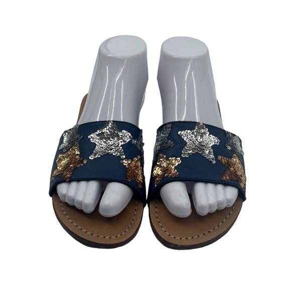 Mystique Blue Gold Silver Sequin Star Flip Flop Sandals Size 7 Women’s - Picture 3 of 10